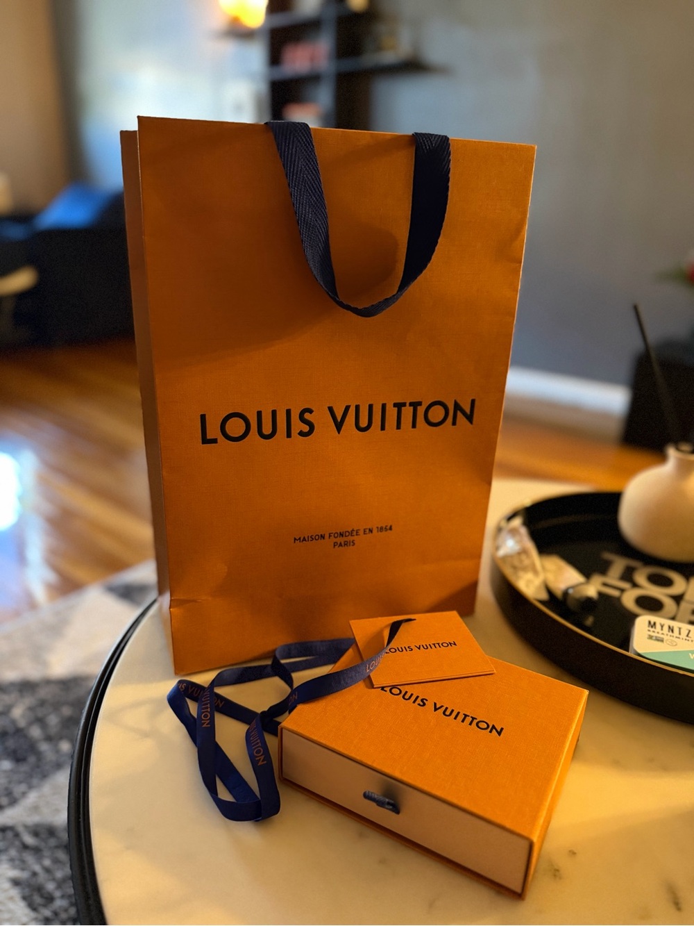 Louis Vuitton Orange Box with Blue Ribbon and Cream Dust Cloth